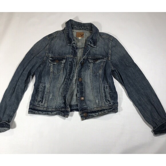 American Eagle Outfitters Denim Jacket Womens Large Blue Flex Trucker Stretch - Picture 2 of 9